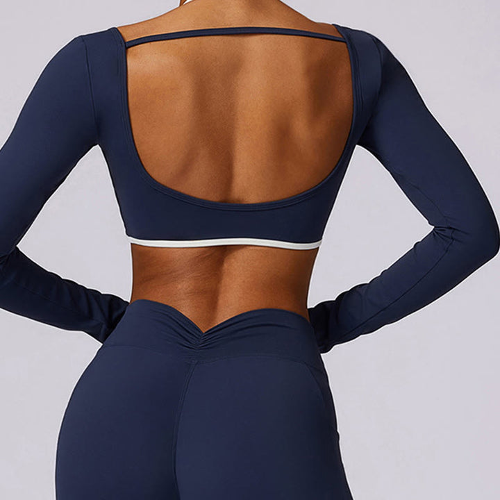 Buddha Stones reggiseno con scollo all'americana tinta unita, manica lunga, canotta corta, pantaloni, sport, fitness, palestra, yoga, outfit