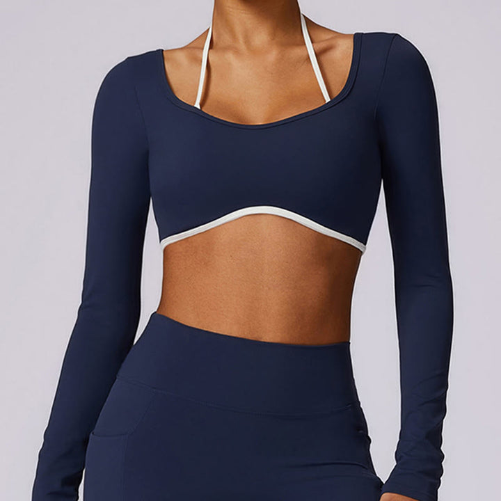 Buddha Stones reggiseno con scollo all'americana tinta unita, manica lunga, canotta corta, pantaloni, sport, fitness, palestra, yoga, outfit