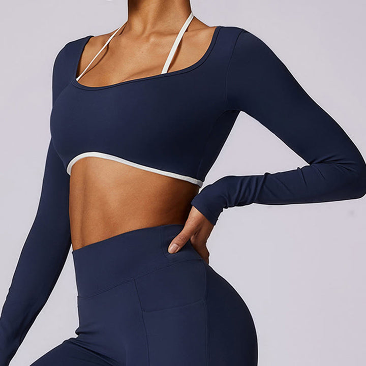 Buddha Stones reggiseno con scollo all'americana tinta unita, manica lunga, canotta corta, pantaloni, sport, fitness, palestra, yoga, outfit