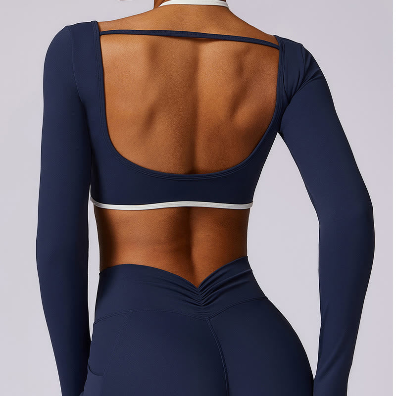 Buddha Stones reggiseno con scollo all'americana tinta unita, manica lunga, canotta corta, pantaloni, sport, fitness, palestra, yoga, outfit