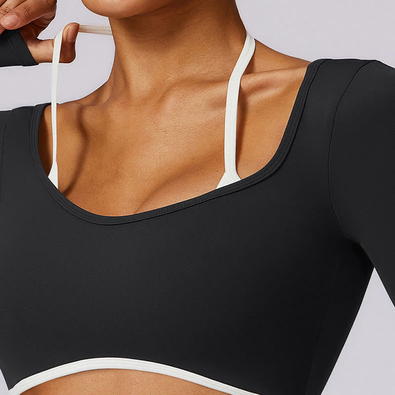 Buddha Stones reggiseno con scollo all'americana tinta unita, manica lunga, canotta corta, pantaloni, sport, fitness, palestra, yoga, outfit