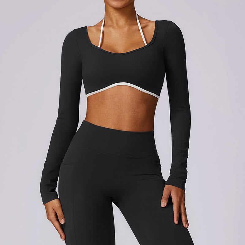 Buddha Stones reggiseno con scollo all'americana tinta unita, manica lunga, canotta corta, pantaloni, sport, fitness, palestra, yoga, outfit