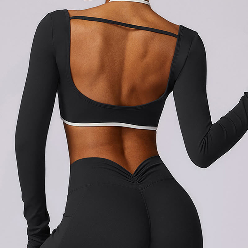 Buddha Stones reggiseno con scollo all'americana tinta unita, manica lunga, canotta corta, pantaloni, sport, fitness, palestra, yoga, outfit