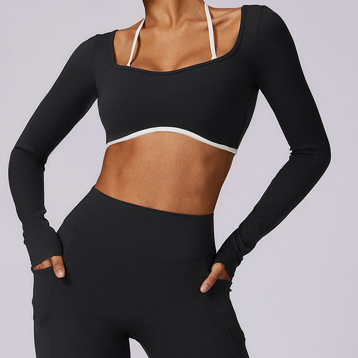 Buddha Stones reggiseno con scollo all'americana tinta unita, manica lunga, canotta corta, pantaloni, sport, fitness, palestra, yoga, outfit