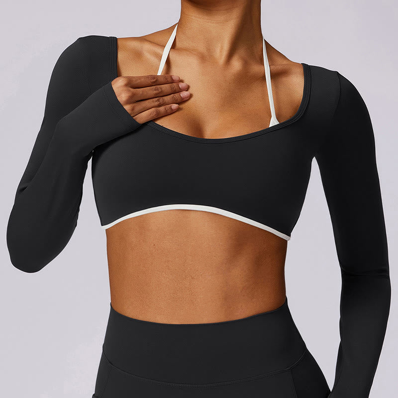Buddha Stones reggiseno con scollo all'americana tinta unita, manica lunga, canotta corta, pantaloni, sport, fitness, palestra, yoga, outfit