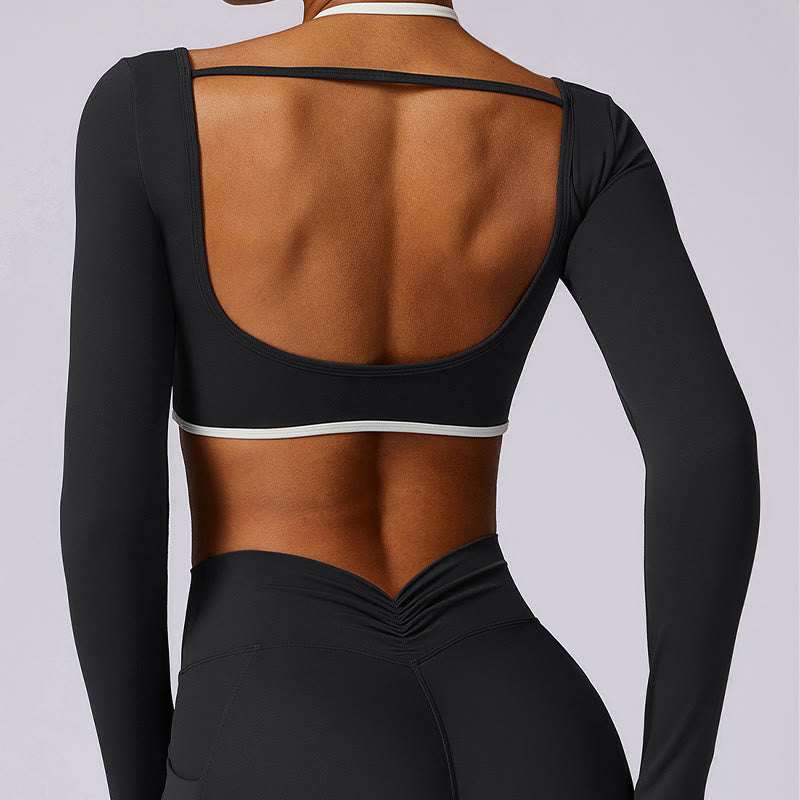 Buddha Stones reggiseno con scollo all'americana tinta unita, manica lunga, canotta corta, pantaloni, sport, fitness, palestra, yoga, outfit