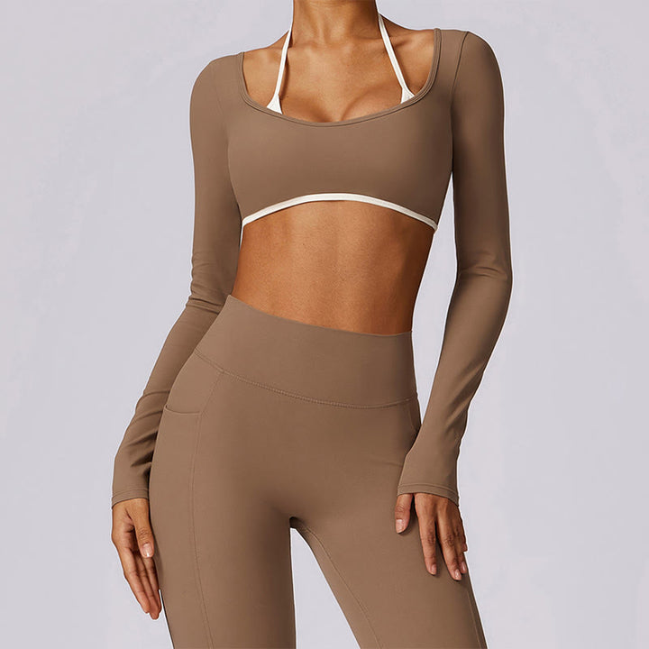 Buddha Stones reggiseno con scollo all'americana tinta unita, manica lunga, canotta corta, pantaloni, sport, fitness, palestra, yoga, outfit