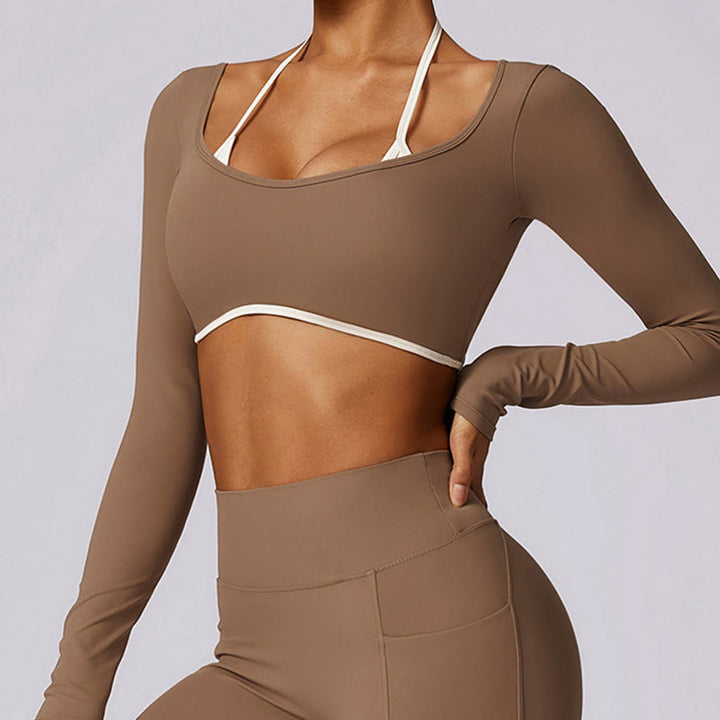 Buddha Stones reggiseno con scollo all'americana tinta unita, manica lunga, canotta corta, pantaloni, sport, fitness, palestra, yoga, outfit