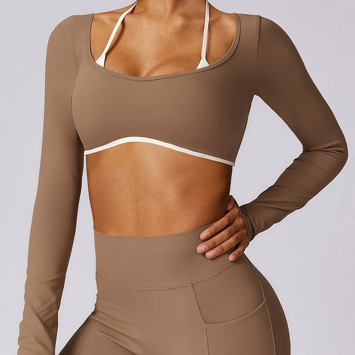 Buddha Stones reggiseno con scollo all'americana tinta unita, manica lunga, canotta corta, pantaloni, sport, fitness, palestra, yoga, outfit