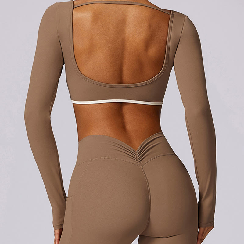 Buddha Stones reggiseno con scollo all'americana tinta unita, manica lunga, canotta corta, pantaloni, sport, fitness, palestra, yoga, outfit