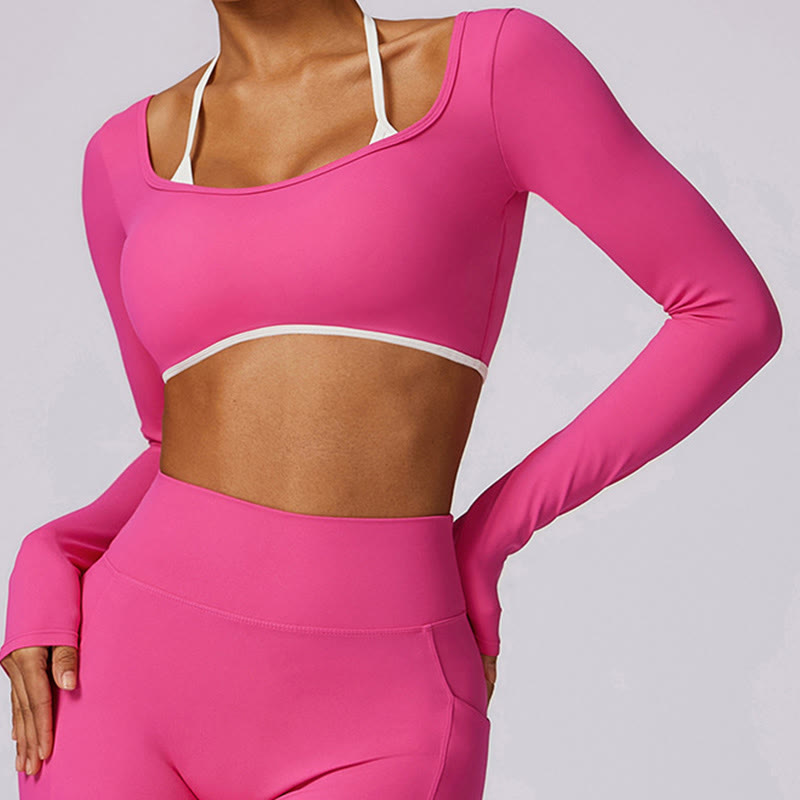 Buddha Stones reggiseno con scollo all'americana tinta unita, manica lunga, canotta corta, pantaloni, sport, fitness, palestra, yoga, outfit