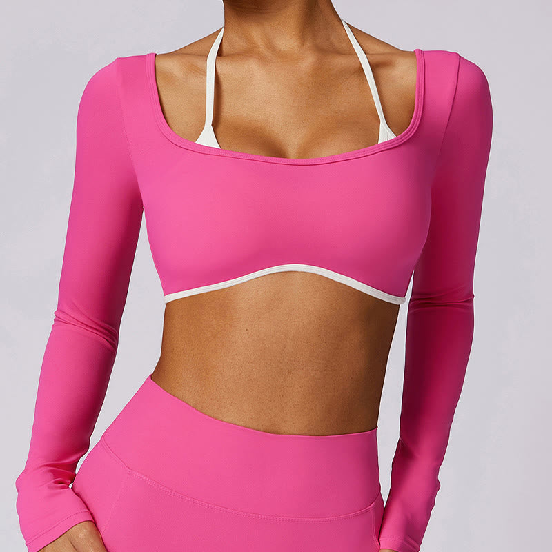 Buddha Stones reggiseno con scollo all'americana tinta unita, manica lunga, canotta corta, pantaloni, sport, fitness, palestra, yoga, outfit
