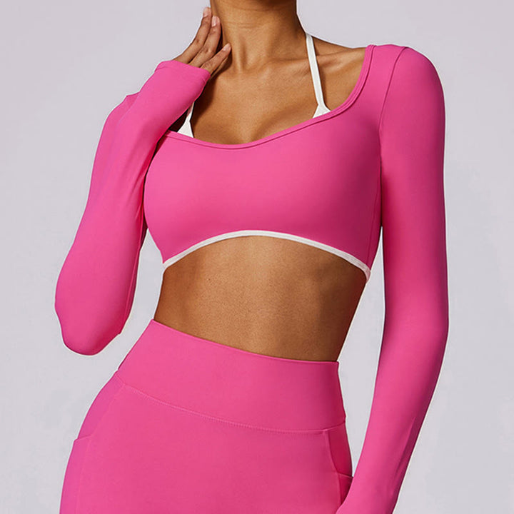 Buddha Stones reggiseno con scollo all'americana tinta unita, manica lunga, canotta corta, pantaloni, sport, fitness, palestra, yoga, outfit