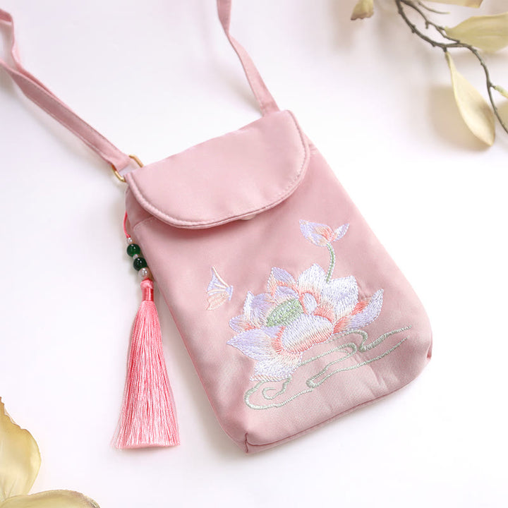 Borsa a tracolla con piccoli fiori ricamati Buddha Stones, borsa a tracolla, borsa per cellulare a doppio strato