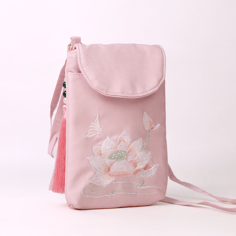 Borsa a tracolla con piccoli fiori ricamati Buddha Stones, borsa a tracolla, borsa per cellulare a doppio strato