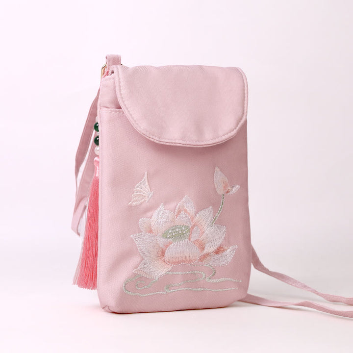 Borsa a tracolla con piccoli fiori ricamati Buddha Stones, borsa a tracolla, borsa per cellulare a doppio strato