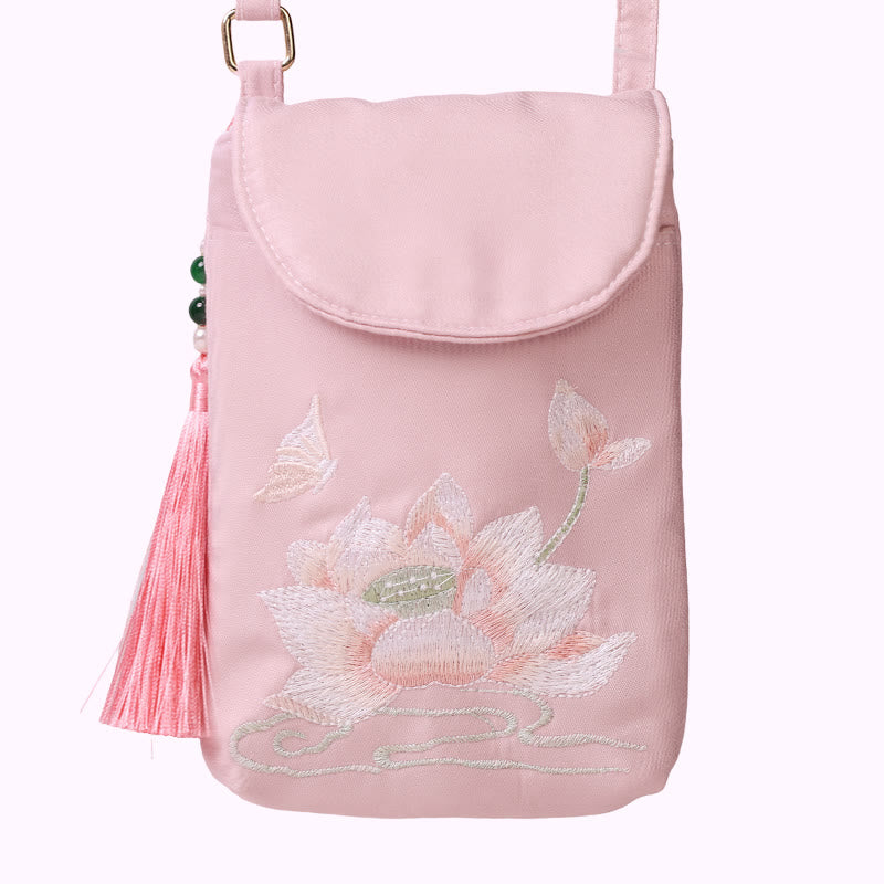 Borsa a tracolla con piccoli fiori ricamati Buddha Stones, borsa a tracolla, borsa per cellulare a doppio strato