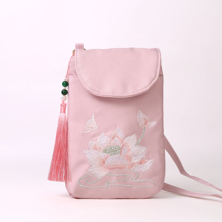 Borsa a tracolla con piccoli fiori ricamati Buddha Stones, borsa a tracolla, borsa per cellulare a doppio strato