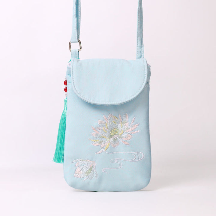 Borsa a tracolla con piccoli fiori ricamati Buddha Stones, borsa a tracolla, borsa per cellulare a doppio strato
