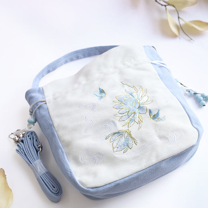 Borsa a tracolla in cotone e lino con Buddha Stones , farfalla ricamata, loto, magnolia, borsa a tracolla