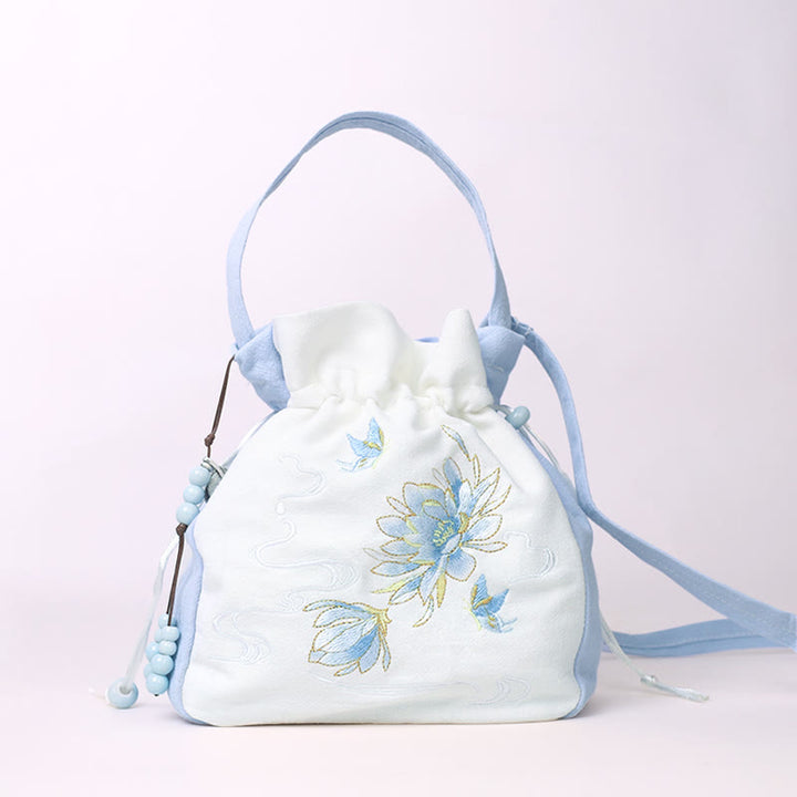 Borsa a tracolla in cotone e lino con Buddha Stones , farfalla ricamata, loto, magnolia, borsa a tracolla