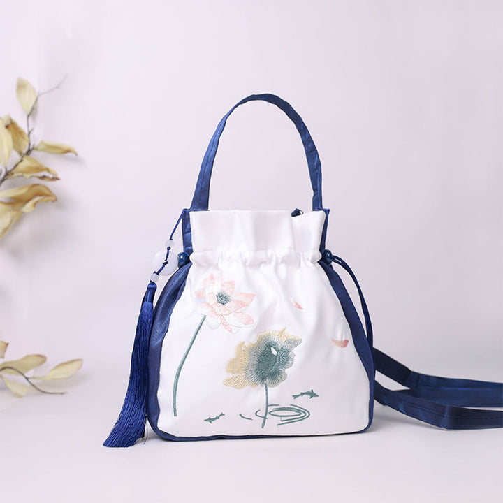 Borsa a tracolla in cotone e lino con Buddha Stones ricamate, motivo: loto, pesce Koi, gru, camelia, borsa a tracolla