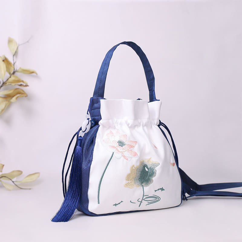 Borsa a tracolla in cotone e lino con Buddha Stones ricamate, motivo: loto, pesce Koi, gru, camelia, borsa a tracolla