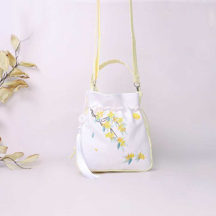Borsa a tracolla in cotone e lino con ricamo a forma di Buddha Stones, osmanto, peonia, uva, gatto, borsa a tracolla