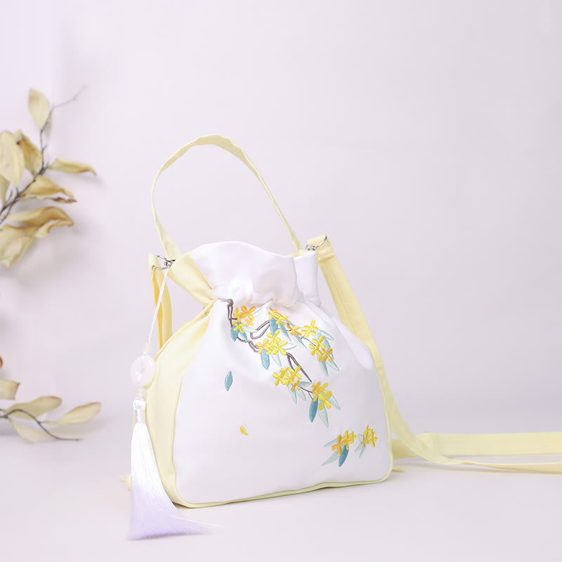 Borsa a tracolla in cotone e lino con ricamo a forma di Buddha Stones, osmanto, peonia, uva, gatto, borsa a tracolla