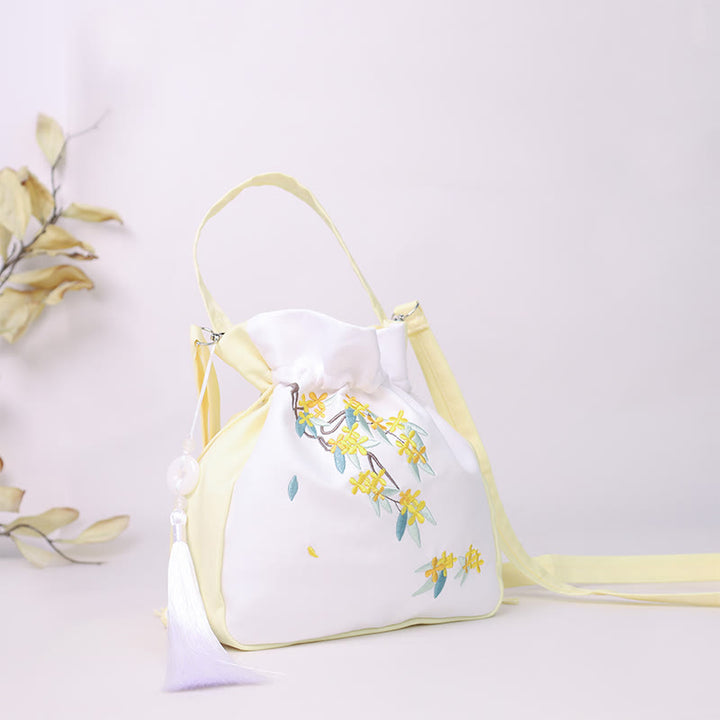 Borsa a tracolla in cotone e lino con ricamo a forma di Buddha Stones, osmanto, peonia, uva, gatto, borsa a tracolla