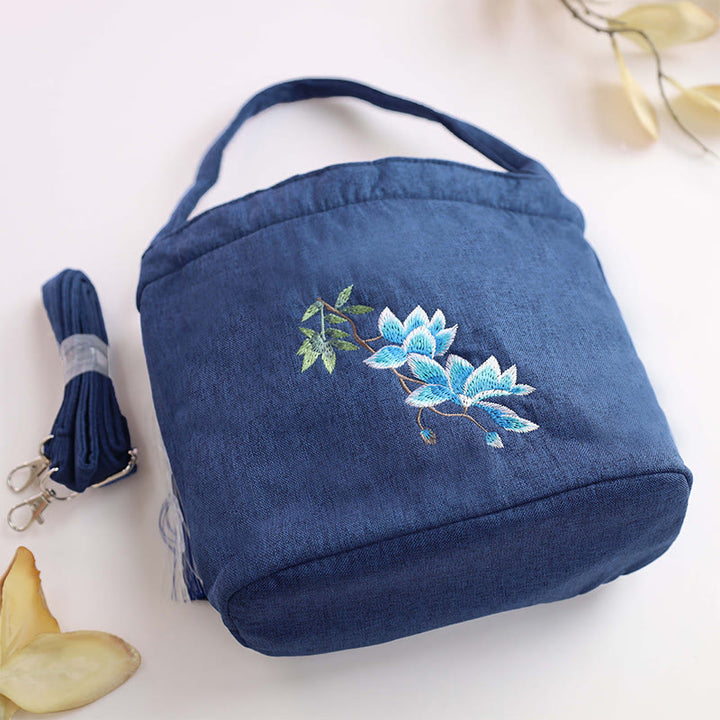 Buddha Stones Ricamo Glicine Prugna Loto Ciliegio Fiore Cotone Lino Tela Tote Borsa A Tracolla Borsa A Mano