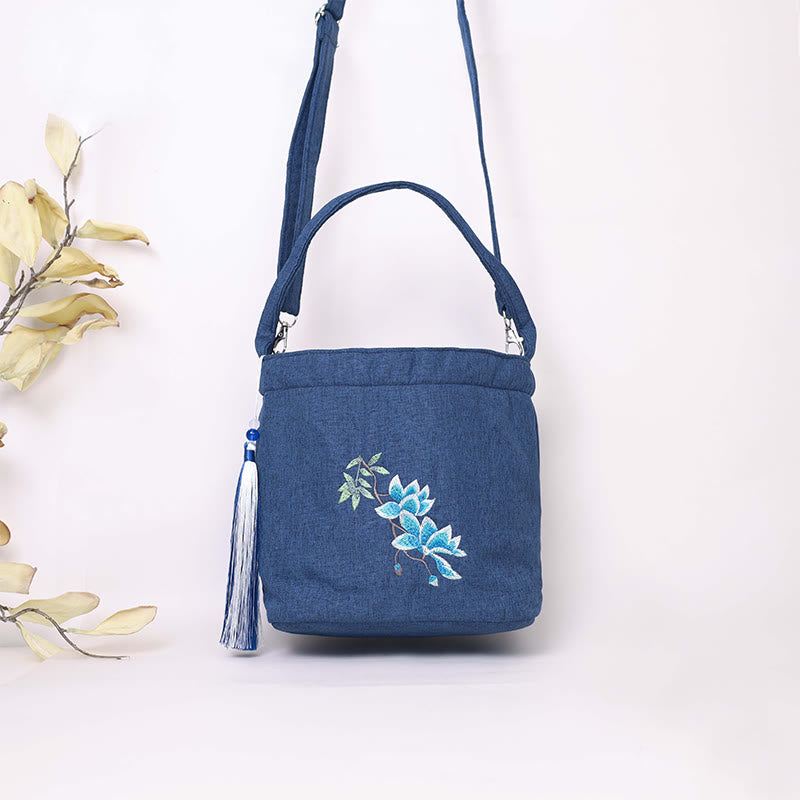Buddha Stones Ricamo Glicine Prugna Loto Ciliegio Fiore Cotone Lino Tela Tote Borsa A Tracolla Borsa A Mano
