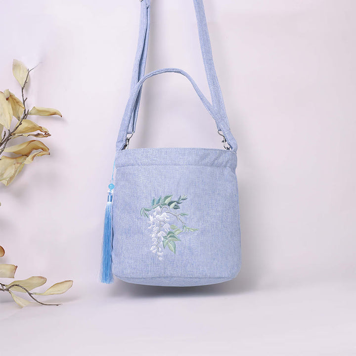 Buddha Stones Ricamo Glicine Prugna Loto Ciliegio Fiore Cotone Lino Tela Tote Borsa A Tracolla Borsa A Mano