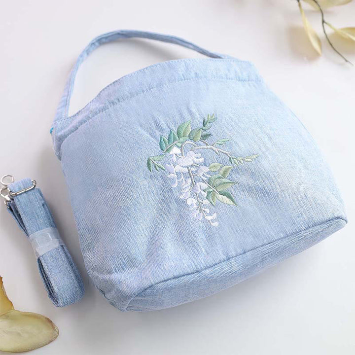 Buddha Stones Ricamo Glicine Prugna Loto Ciliegio Fiore Cotone Lino Tela Tote Borsa A Tracolla Borsa A Mano