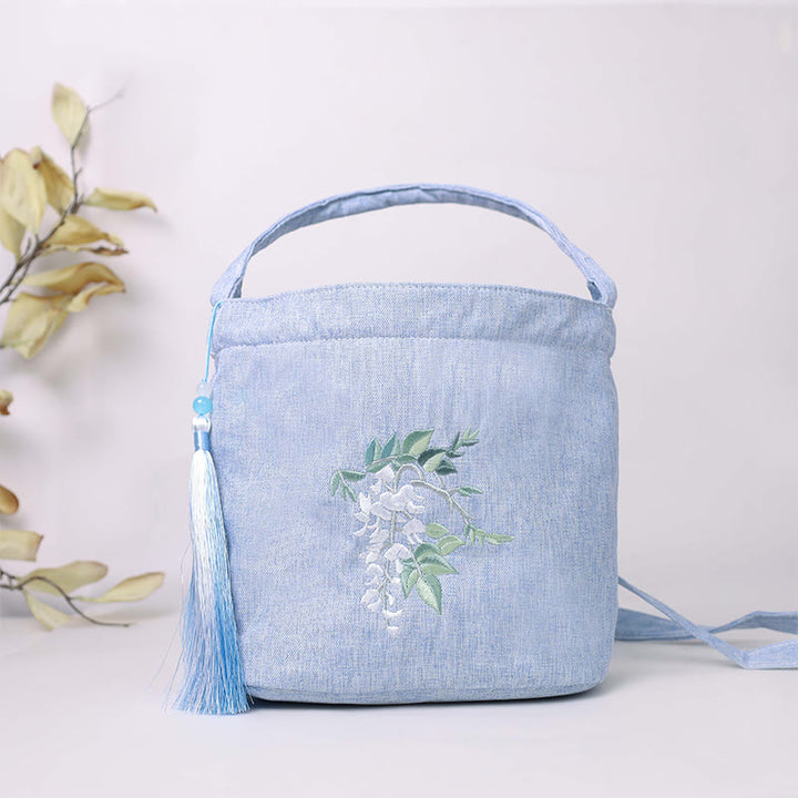 Buddha Stones Ricamo Glicine Prugna Loto Ciliegio Fiore Cotone Lino Tela Tote Borsa A Tracolla Borsa A Mano