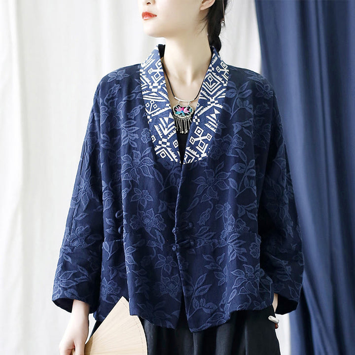 Giacca a maniche lunghe con scollo a V e motivo floreale in jacquard Buddha Stones
