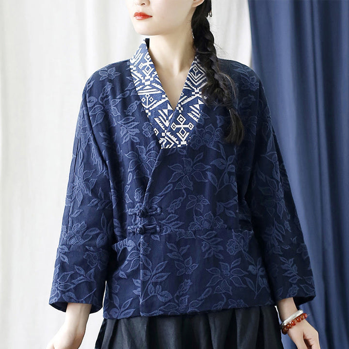 Giacca a maniche lunghe con scollo a V e motivo floreale in jacquard Buddha Stones