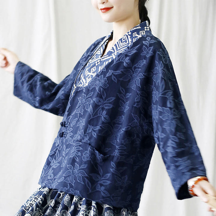 Giacca a maniche lunghe con scollo a V e motivo floreale in jacquard Buddha Stones