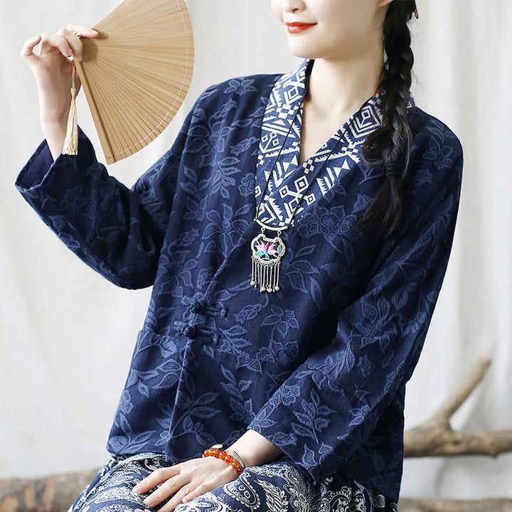 Giacca a maniche lunghe con scollo a V e motivo floreale in jacquard Buddha Stones