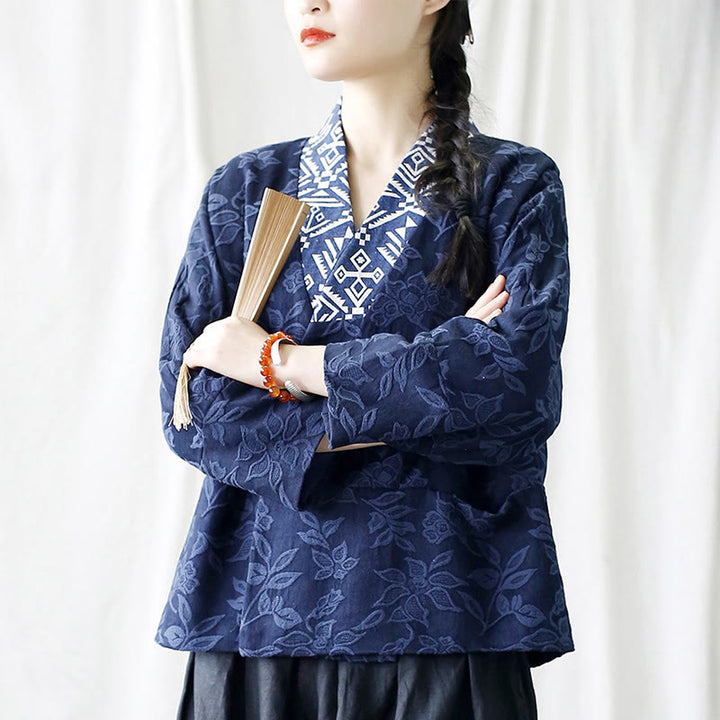 Giacca a maniche lunghe con scollo a V e motivo floreale in jacquard Buddha Stones