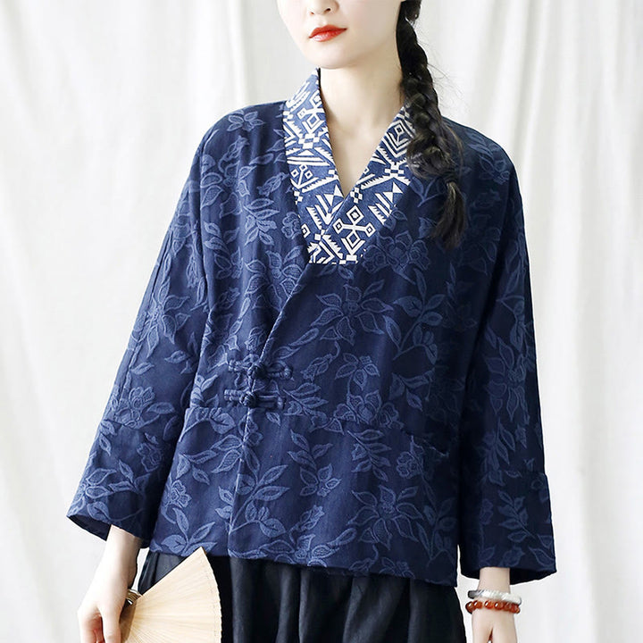 Giacca a maniche lunghe con scollo a V e motivo floreale in jacquard Buddha Stones