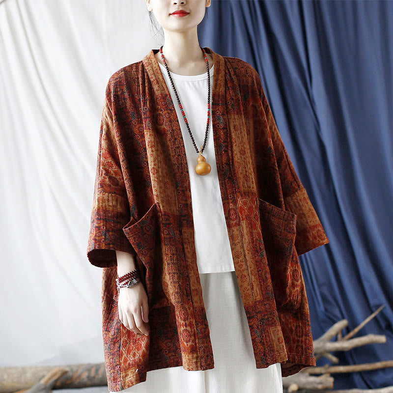 Giacca aperta sul davanti in cotone con stampa geometrica di fiori arancioni Buddha Stones con tasche