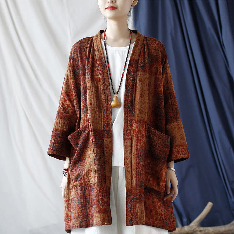 Giacca aperta sul davanti in cotone con stampa geometrica di fiori arancioni Buddha Stones con tasche