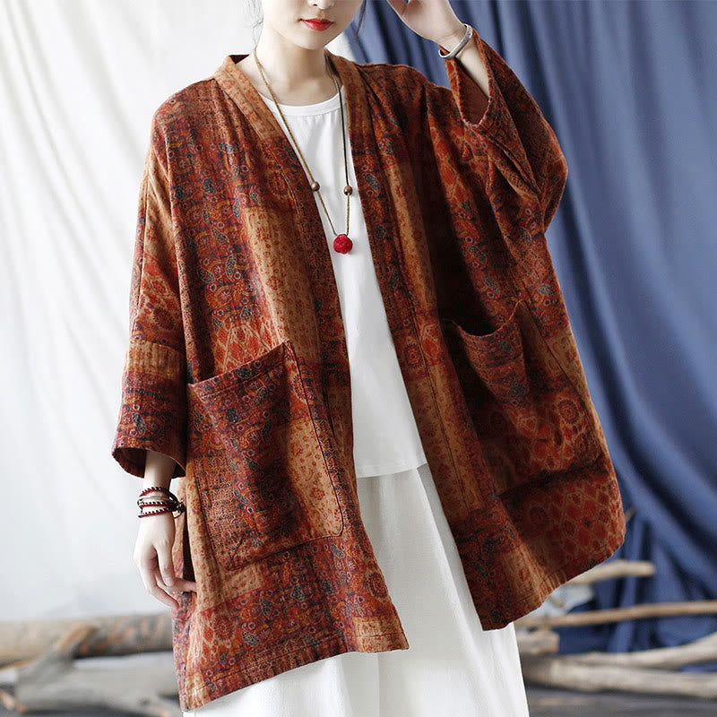 Giacca aperta sul davanti in cotone con stampa geometrica di fiori arancioni Buddha Stones con tasche