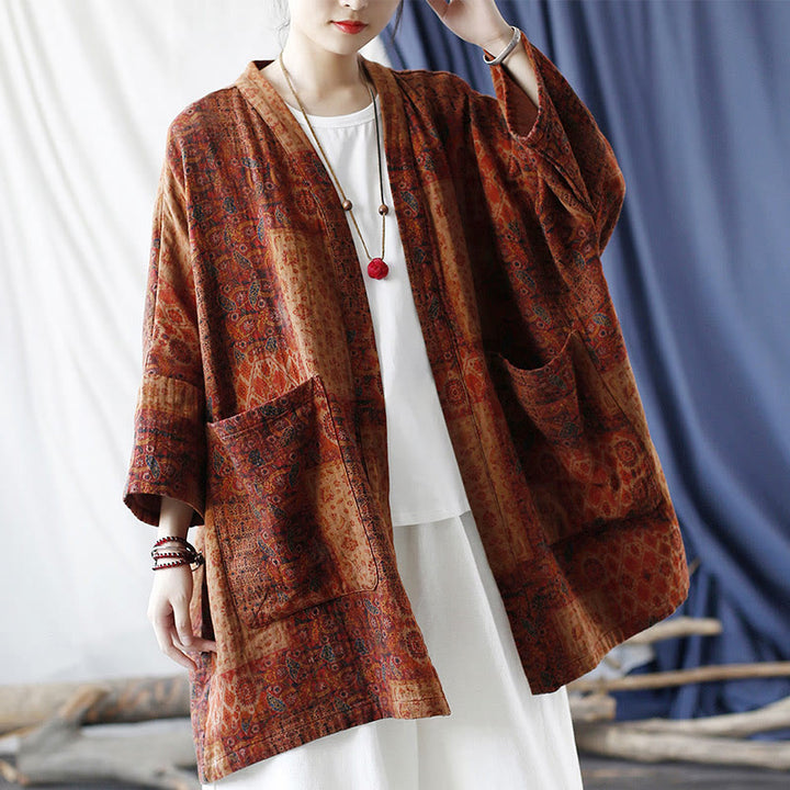 Giacca aperta sul davanti in cotone con stampa geometrica di fiori arancioni Buddha Stones con tasche