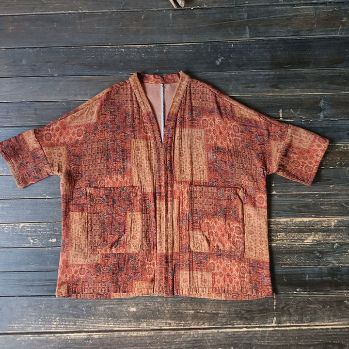 Giacca aperta sul davanti in cotone con stampa geometrica di fiori arancioni Buddha Stones con tasche
