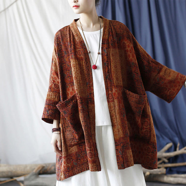 Giacca aperta sul davanti in cotone con stampa geometrica di fiori arancioni Buddha Stones con tasche
