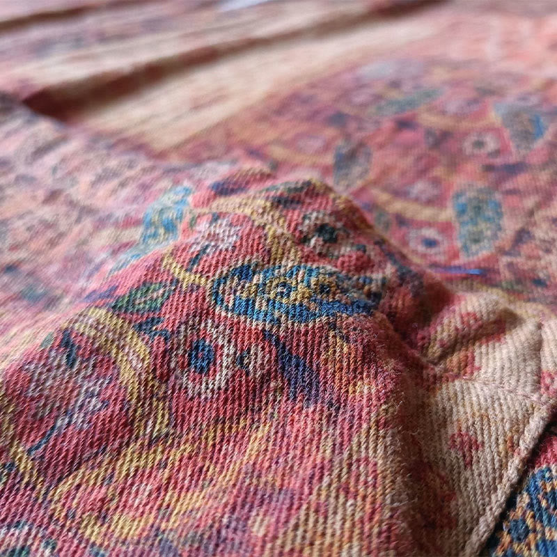 Giacca aperta sul davanti in cotone con stampa geometrica di fiori arancioni Buddha Stones con tasche