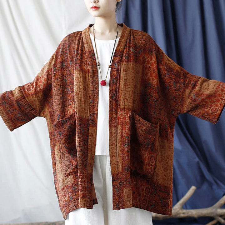 Giacca aperta sul davanti in cotone con stampa geometrica di fiori arancioni Buddha Stones con tasche