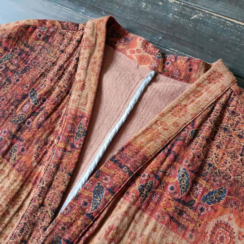 Giacca aperta sul davanti in cotone con stampa geometrica di fiori arancioni Buddha Stones con tasche